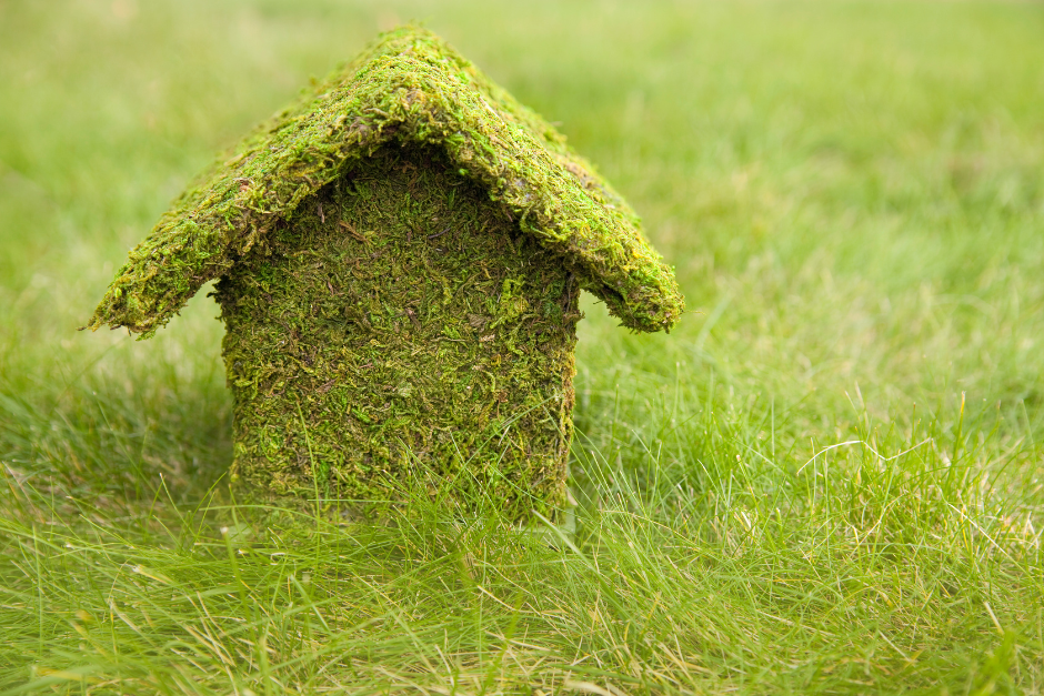 A house made of moss in a green field, representing a zero-emission home